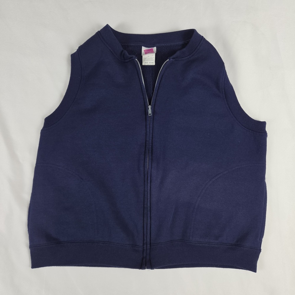 Vtg Hanes Her Way Sleeveless Blue Full Zip Sweatshirt Vest Fleece Size L